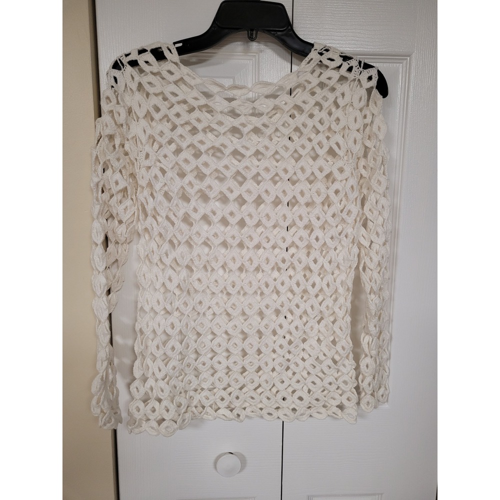 Vintage Ivory Crochet Hand Made Open Knit Top BOHEMIAN Diamond Mesh  Size S